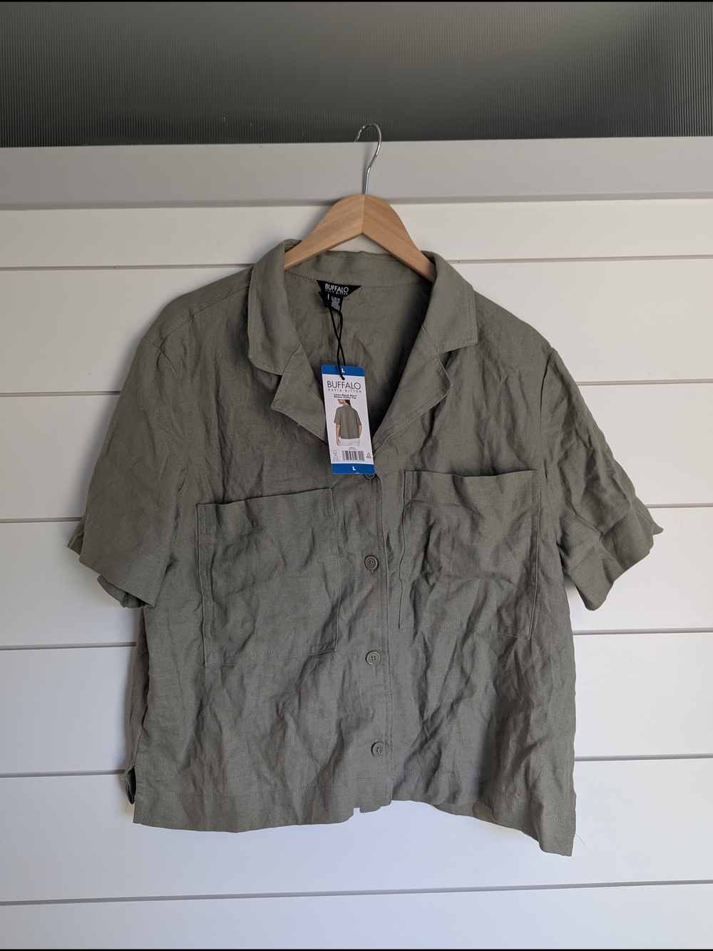Buffalo Linen Blend Olive Short-Sleeve Button Shirt Large Camp